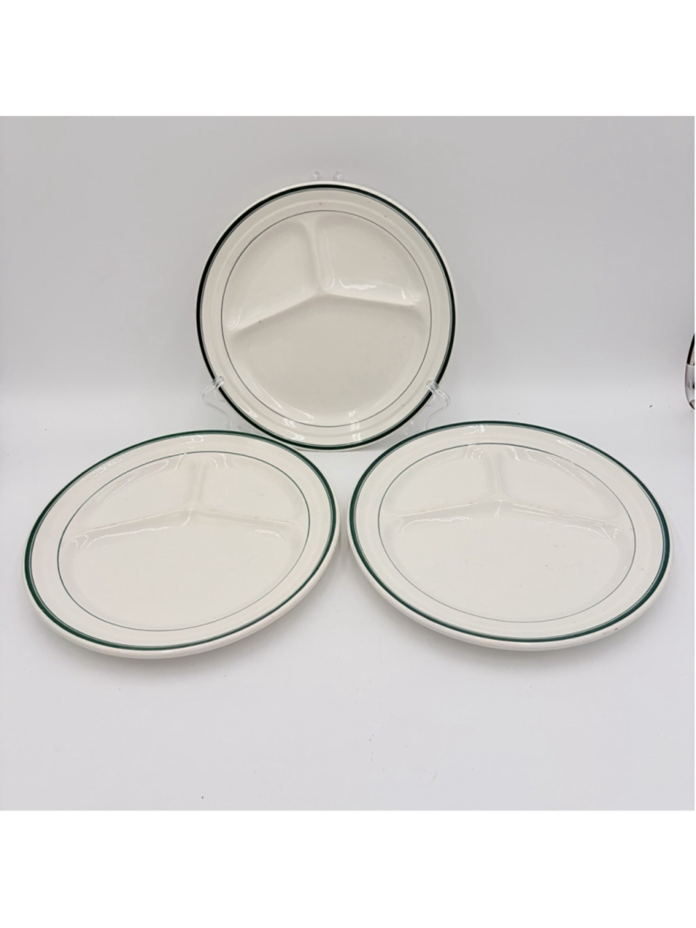 Vintage Japan 3 Compartment Divided Dinner Plates Green Stripe Set of 3 10”